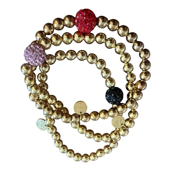 Rustic Cuff Ireland Beaded Stretch Bracelet Set Of 3 Pink Red Black Crystal - Picture 6 of 7